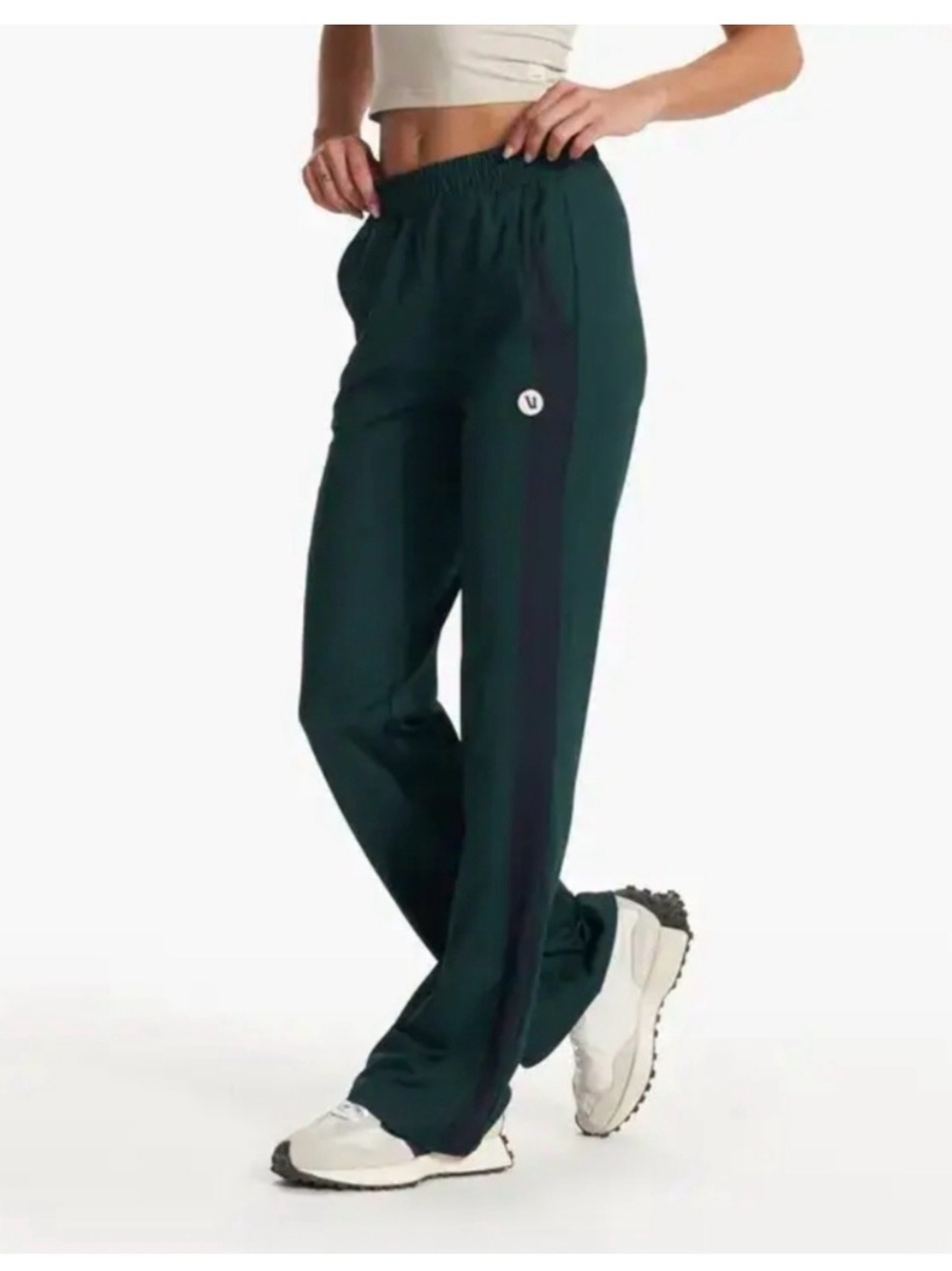 Vuori Dark Green Track Pants with Black Side Stripe